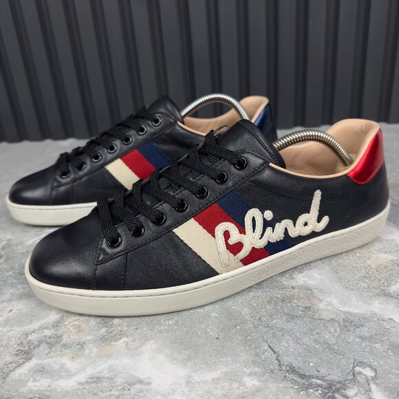 Gucci Ace Blind Embroidered Web Sneakers Black Leather 8 G or 8.5 US or 42 EUR - Picture 1 of 17